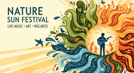 Fototapeta premium Nature Sun Festival: Live Music, Art, and Wellness Celebration with a Vibrant Sun Motif.