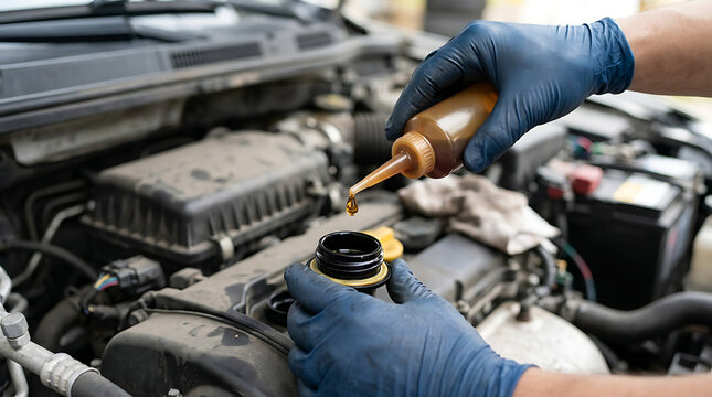 Mechanic pouring oil into car engine compartment with gloved hands