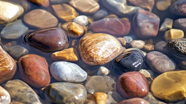 riverbed. Colorful pebbles on a riverbed under clear shallow water with sunlight refraction. ESG reports, sustainability campaigns, designed for environmental awareness campaigns.