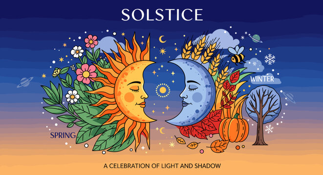 A vibrant illustration depicting the duality of the solstice, showcasing the sun and moon facing each other, symbolizing the balance between light and shadow across different seasons.