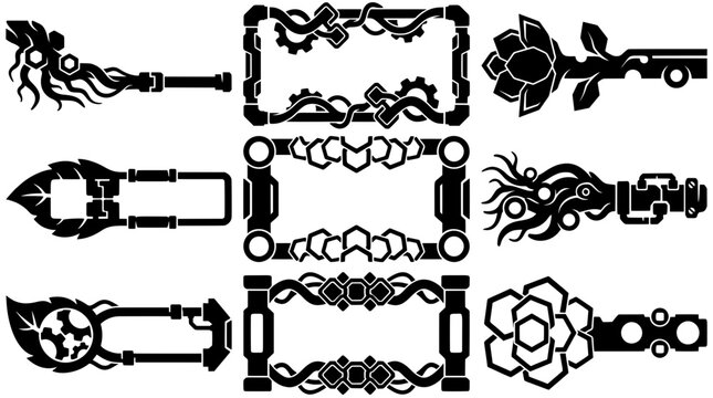Set of biomechanical gear frames cyber root banners and tech flower dividers. Black silhouettes blending sci-fi machinery and nature for UI designs