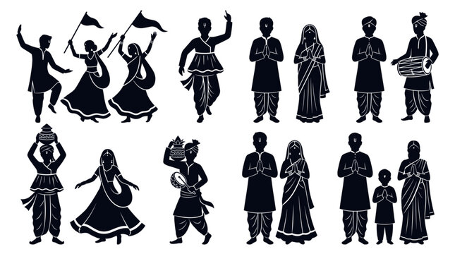 Silhouette set of Indian people celebrating traditional festival with dance music prayer and family wearing tilak vector illustration for holiday design.