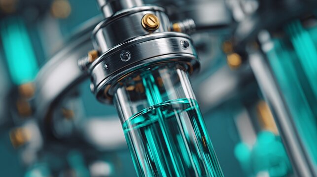 industrial stainless steel laboratory glass reactor with glowing blue chemical liquid and valves closeup