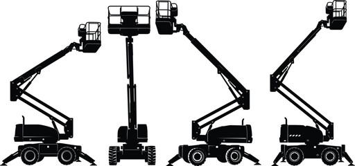  Industrial Boom Lift and Cherry Picker Silhouette Set Featuring Aerial Work Platforms for Construction Site Equipment,  © AnjueManAra