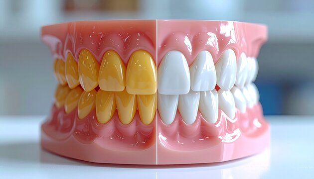 黄ばんだ歯と白い歯を比較した歯科模型写真