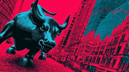Obraz premium abstract bull and city buildings street scene with neon pop art vibes