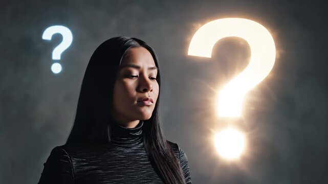 Woman with glowing question marks above head emphasizing modern aesthetics and minimalist design