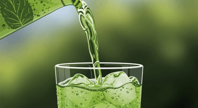 Vector illustration of a vibrant green herbal beverage with ice cubes being poured from a pitcher into a clear glass, showing bubbles and condensation on a soft green background.