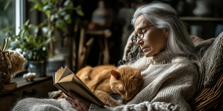 Calm woman with her cat seated peacefully in sunlit corner enjoying tranquil reading