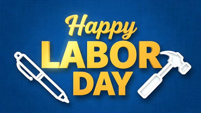 Happy labor day celebration text with pen and hammer graphic
