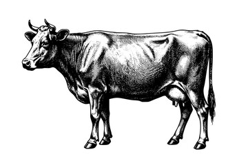 Fototapeta premium Vintage Engraving of a Dairy Cow Standing on a White Background, Illustrating Farm Livestock and Agricultural Heritage