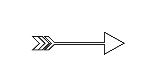 Minimalist line art icon of a classic arrow with a triangular head and feathered tail pointing to the right for navigation and direction signs.