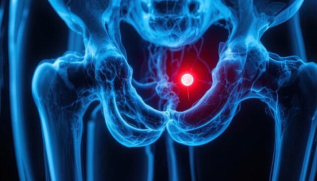 Human pelvic bones medical illustration with pain highlighted, blue and red hues render, anatomical detail