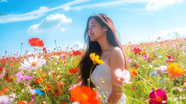 A young woman enjoying a beautiful day in a field of colorful wildflowers under a clear blue sky.
