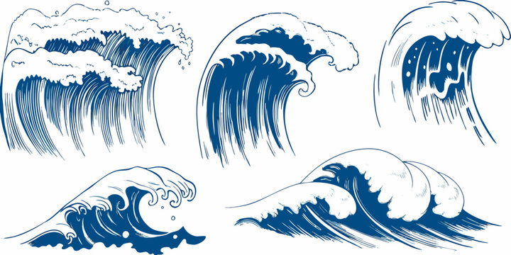 Collection of blue ocean waves vector illustration on white background