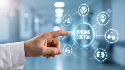 Obraz premium Digital healthcare wellness telemedicine innovation technology online doctor doctor medical hospital hand finger touch interface virtual screen