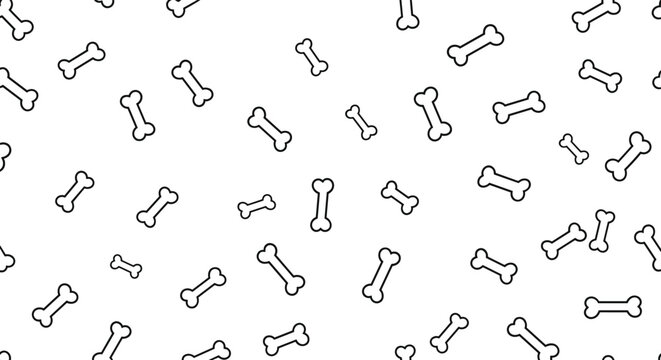 Seamless pattern of various small dog bone icons scattered on a white background for pet shops, animal care, and veterinary service design.