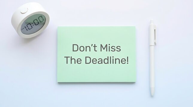 Digital clock showing 10:00 AM next to a green notepad with 'Don't Miss The Deadline!' text and a white pen on a plain white background, representing urgency and time management.