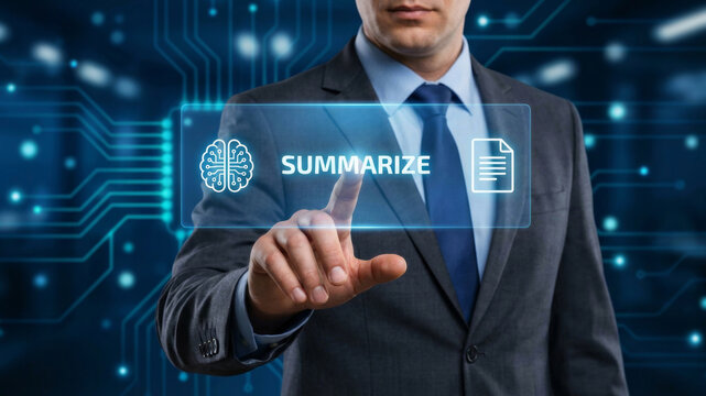 Businessman summary ai finger touch digital interface concept modern office. Summary AI, intelligence report management, document information innovation system analysis, automation, data, summarize