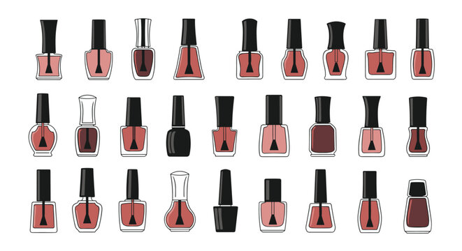 Collection of twenty seven different nail polish bottles in various red and brown shades for beauty salon and cosmetics catalog design.