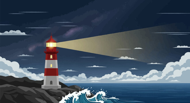 Red and white striped lighthouse on a rocky coast at night, shining a light beam over ocean waves under a starry sky with Milky Way galaxy and clouds, flat vector illustration style.