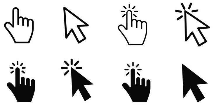 Hand and arrow cursor icons showing click, hover, and pointer states in clean user interface vector illustration design.