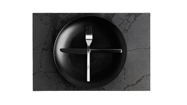 Sign language with cutlery. A plate with cutlery isolated on a white background. Plate, knife, fork on a white background.