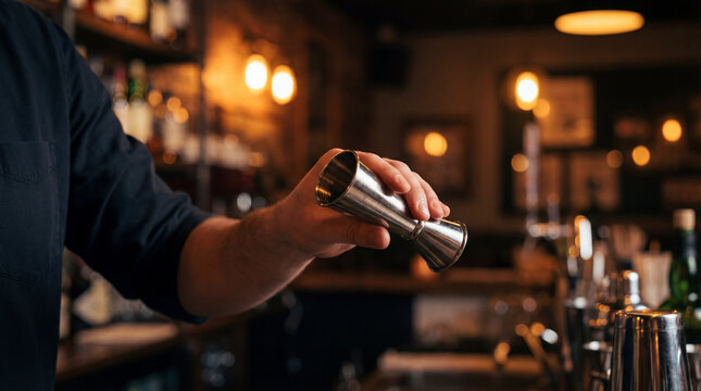 Bartender hand holding metal jigger above bar counter in warm light showing drink measurement precision cocktail service mixology preparation concept for hospitality branding campaign