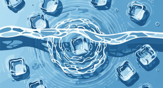 Top-down vector illustration of square ice cubes floating in blue water with concentric circular ripples, a central splash effect, and a horizontal flowing wave pattern with bubbles.