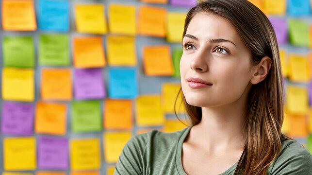 Woman poses before colorful post it note wall a person stands before a vibrant backdrop composed entirely of sticky notes creating a unique and textured visual