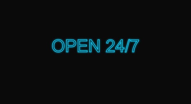 Neon open 24/7 sign glowing blue animation