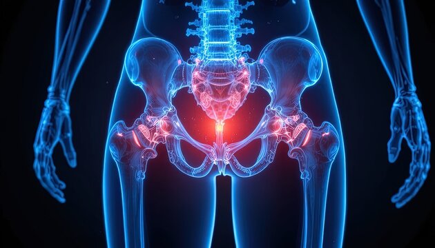 Human Pelvis Illustration with Bone Structure and Pain Indication, Anatomical Representation for Medical Visualization