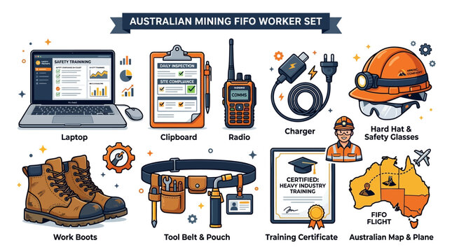 Comprehensive set of essential equipment and tools for Australian mining industry fifo field safety workers