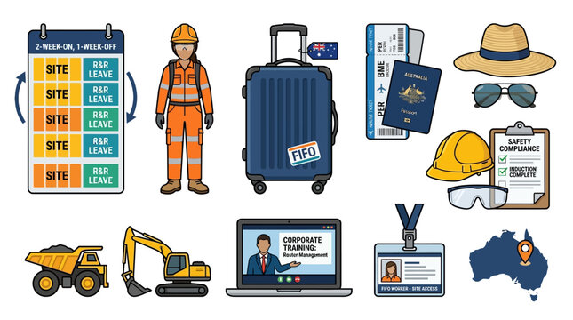 Mining industry worker symbols including professional equipment and travel gear for shift work in Australia