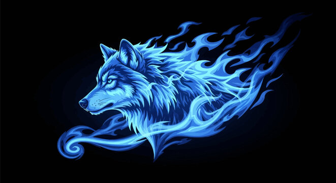 Blue fire wolf head profile illustration featuring glowing icy flames and smoke trails, fantasy animal graphic with vibrant highlights isolated on a solid black background.