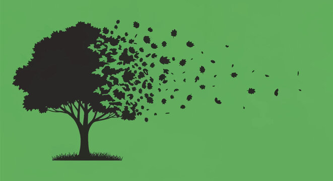 Black tree silhouette on a solid green background with leaves breaking away and scattering to the right, illustrating wind dispersion and seasonal change in a minimalist style.