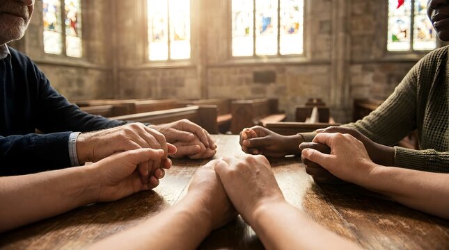 Community Worship Scene with Diverse Hands Together in Prayer