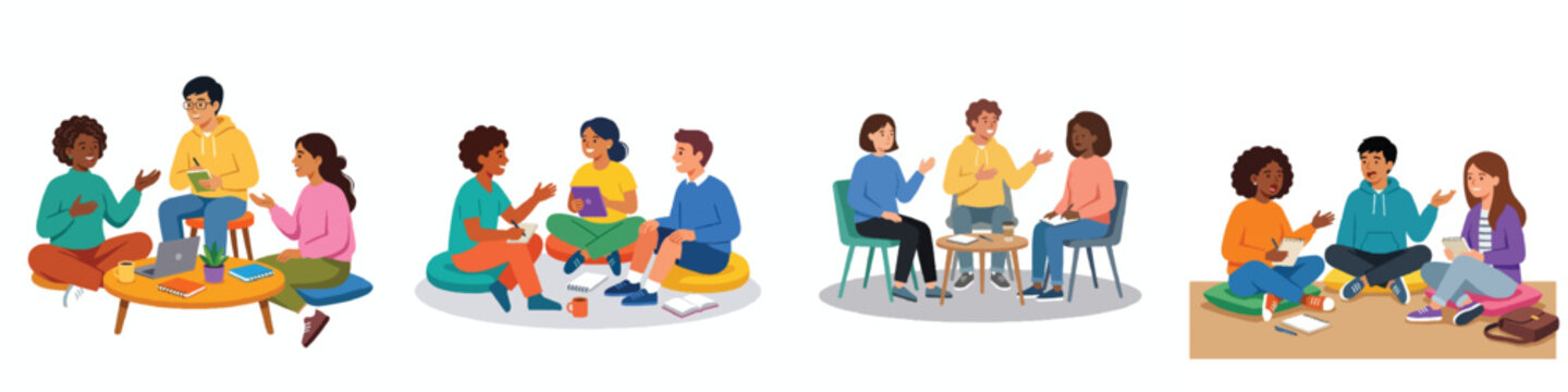 Three students sitting in a circle talking, simple flat design, no outlines, modern bright color block style, plain white background.