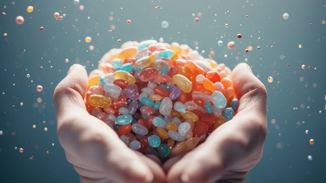 Colorful Jelly Beans in Hands with Sparkles and Soft Background