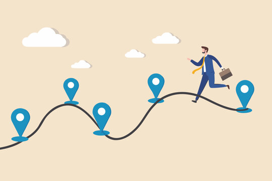 businessman running on winding path with map markers vector illustration