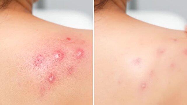 Detailed Close-Up of Inflamed Skin with Acne Scars Showcasing Before-and-After Treatment Comparison on the Back for Dermatology and Skincare Use