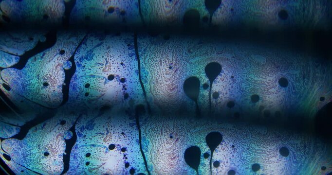 Holographic texture. Paint blend. Defocused blue purple pink color chemical round oil water liquid leak on abstract art background.