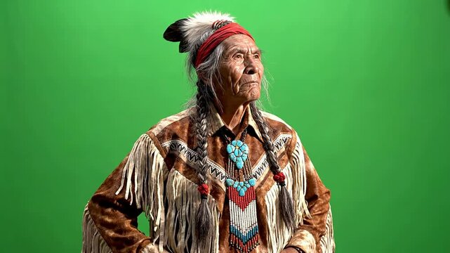 Elderly man in traditional Native American attire with feather headdress and intricate beadwork posing against a green screen background