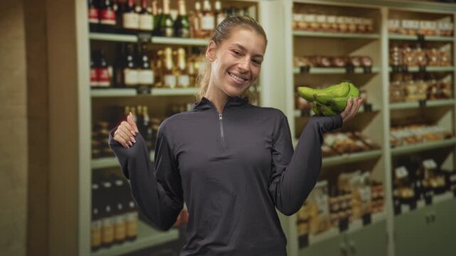 Woman holding a bunch of green bananas, smiling and gesturing with raised thumb inside a grocery aisle in a building; everyday joy.