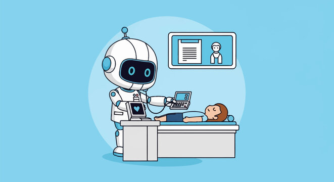 Vector illustration of a white chibi robot medical assistant performing a clinical health check-up on a child patient lying on a bed with digital monitors and medical equipment.