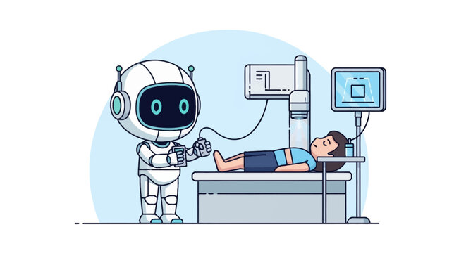 Cute white chibi robot using a handheld controller to operate a medical scanning machine on a human patient lying on an examination table in a futuristic hospital setting.