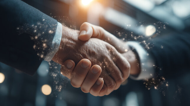 Business people shaking hands with glowing digital network particles illustrating innovative, big data