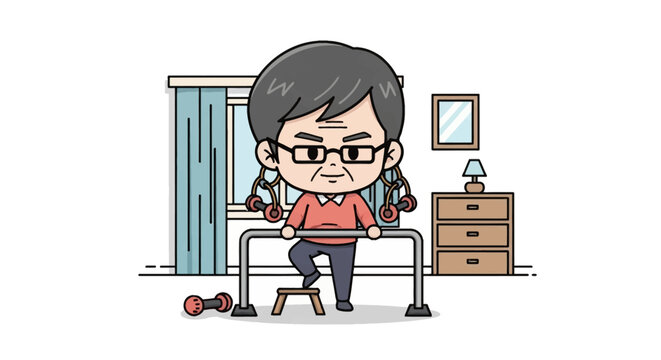 A chibi-style vector illustration of an elderly Asian man performing physical therapy balance exercises at home using parallel bars and a step stool in a living room setting.