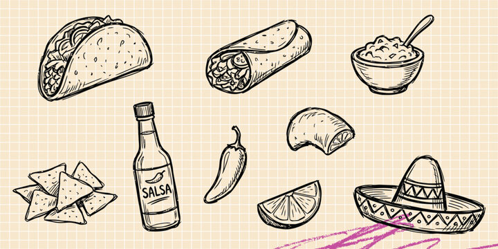 Black ink scribble doodle vector vintage hand drawn set of mexican food taco burrito chili pepper and traditional cuisine