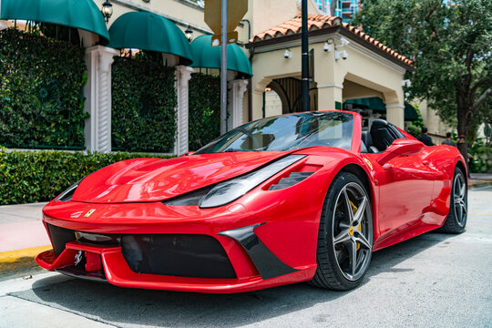 Miami, Florida, USA - July 12, 2025: Car Ferrari 458 Italia parked outdoor. Red sportscar, corner view. Ferrari 458 Italia sport car. Luxury sportscar Ferrari 458 Italia